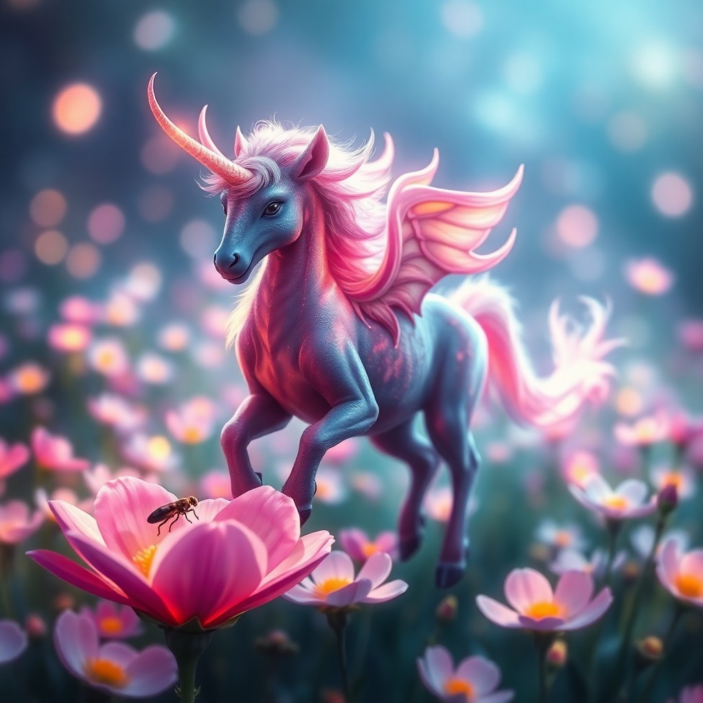 AI generated art for prompt: A captivating digital artwork depicts an awe-inspiring mythical creature prancing in a meadow of lum