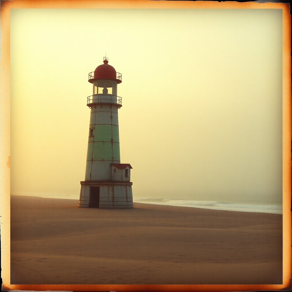 AI generated art for prompt: Imagine a nostalgic Polaroid-inspired image depicting a solitary, weathered lighthouse standing reso