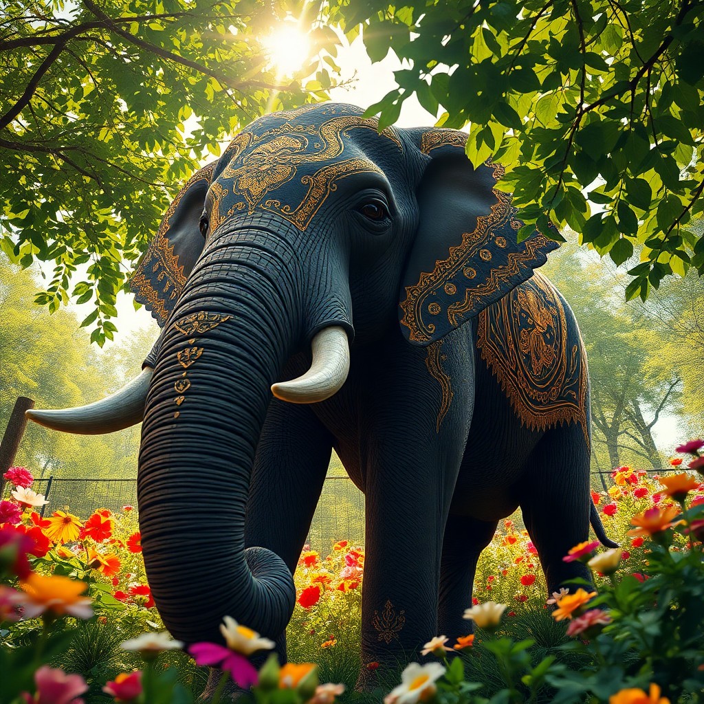 AI generated art for prompt: Create an image depicting a majestic elephant from a low-angle perspective, adorned with intricate g