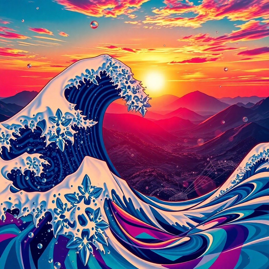 AI generated art for prompt: Envision an aerial view combining Hokusai's iconic wave with psychedelic poster aesthetics from the 