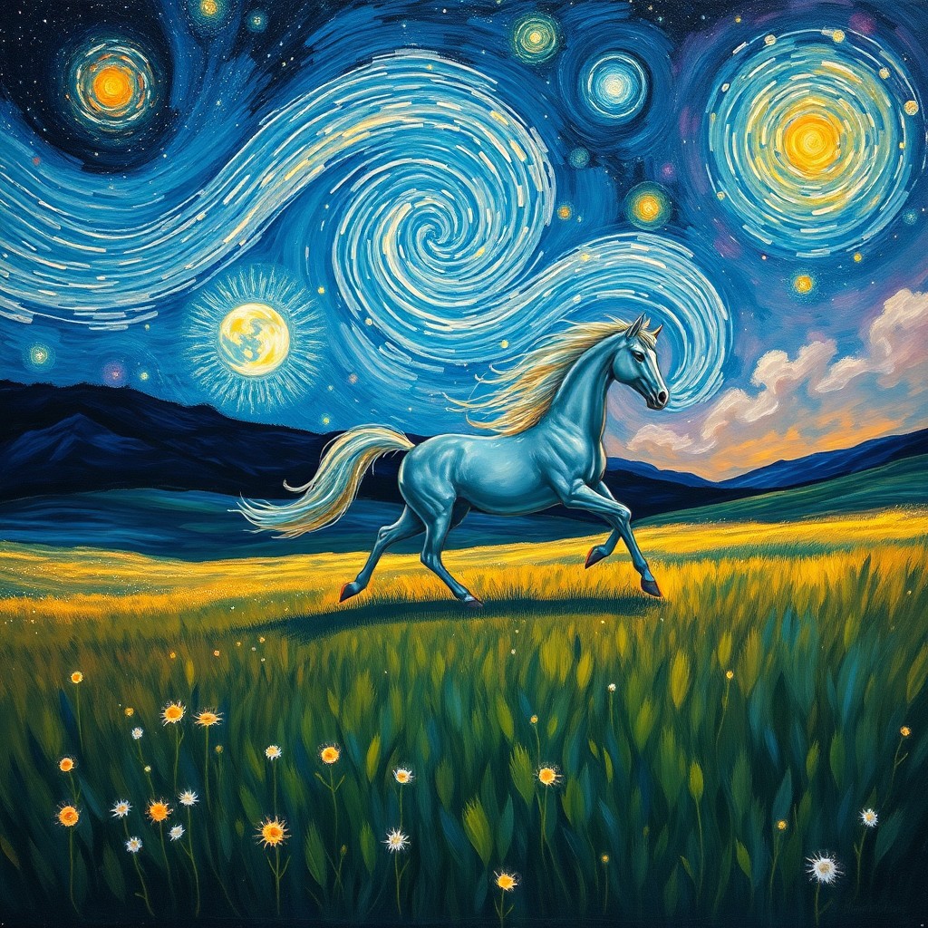 AI generated art for prompt: Envision an intricately detailed portrait showcasing a mystical creature gracefully galloping across