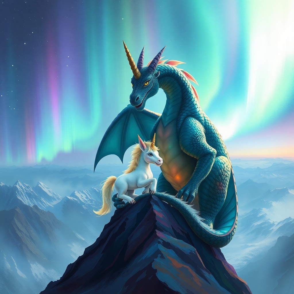 AI generated art for prompt: A digital impressionistic scene captures an enchanting moment between a majestic dragon and a curiou