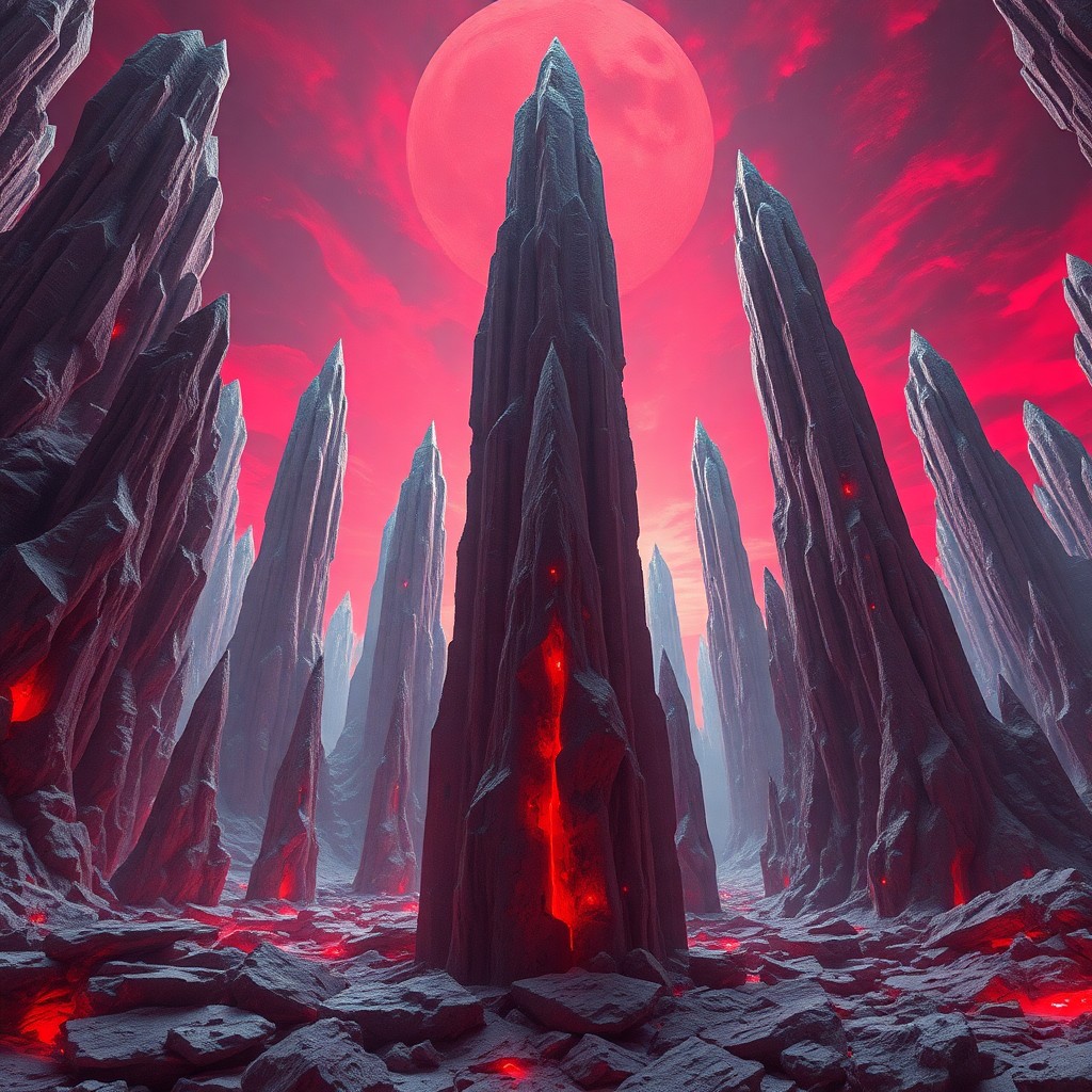 AI generated art for prompt: Imagine an awe-inspiring alien landscape with towering crystal formations reaching towards a blood-r