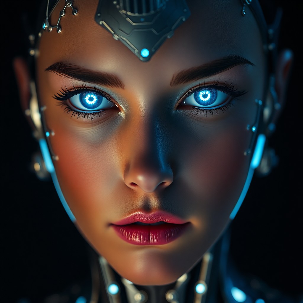 AI generated art for prompt: Craft an image depicting a close-up portrait of a female android, showcasing intricate silver circui