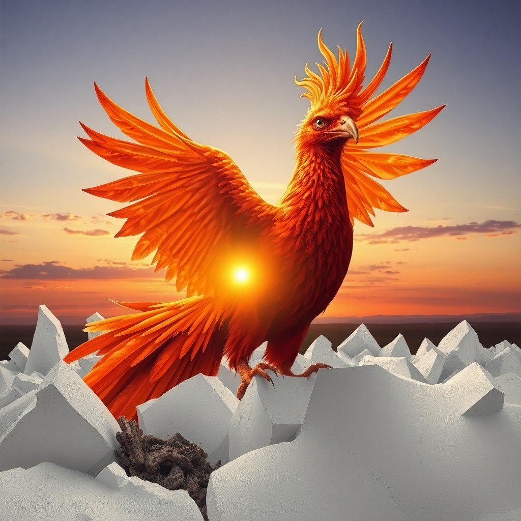 AI generated art for prompt: Create an awe-inspiring image of a phoenix emerging from the remnants of destruction, reminiscent of