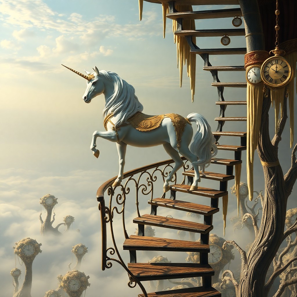 AI generated art for prompt: Craft an enchanting image in the surreal style of Dali's dreamscapes, depicting a mythical creature 