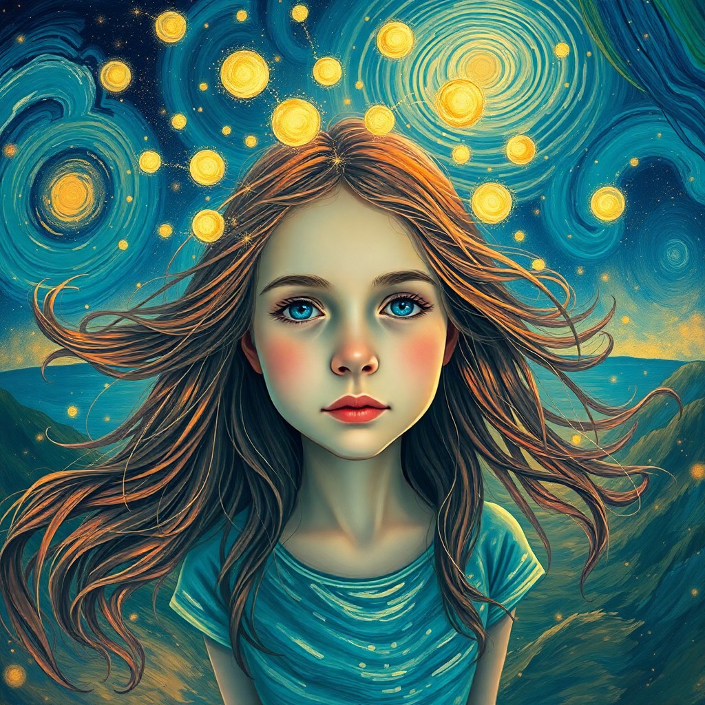 AI generated art for prompt: A portrait capturing a young girl with flowing hair, illuminated by ethereal orbs floating around he