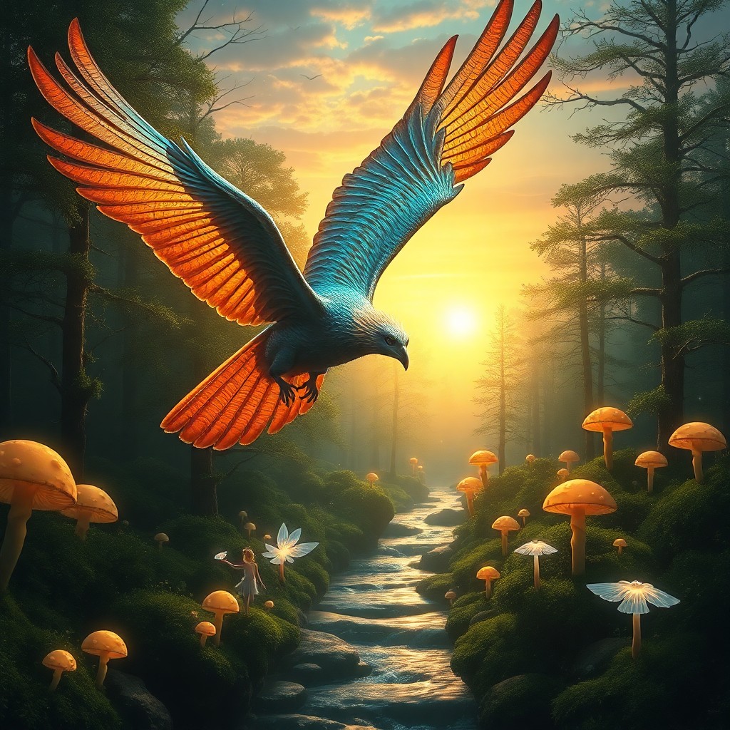 AI generated art for prompt: A majestic avian creature with iridescent plumage soars through an enchanted forest at dusk, its fea