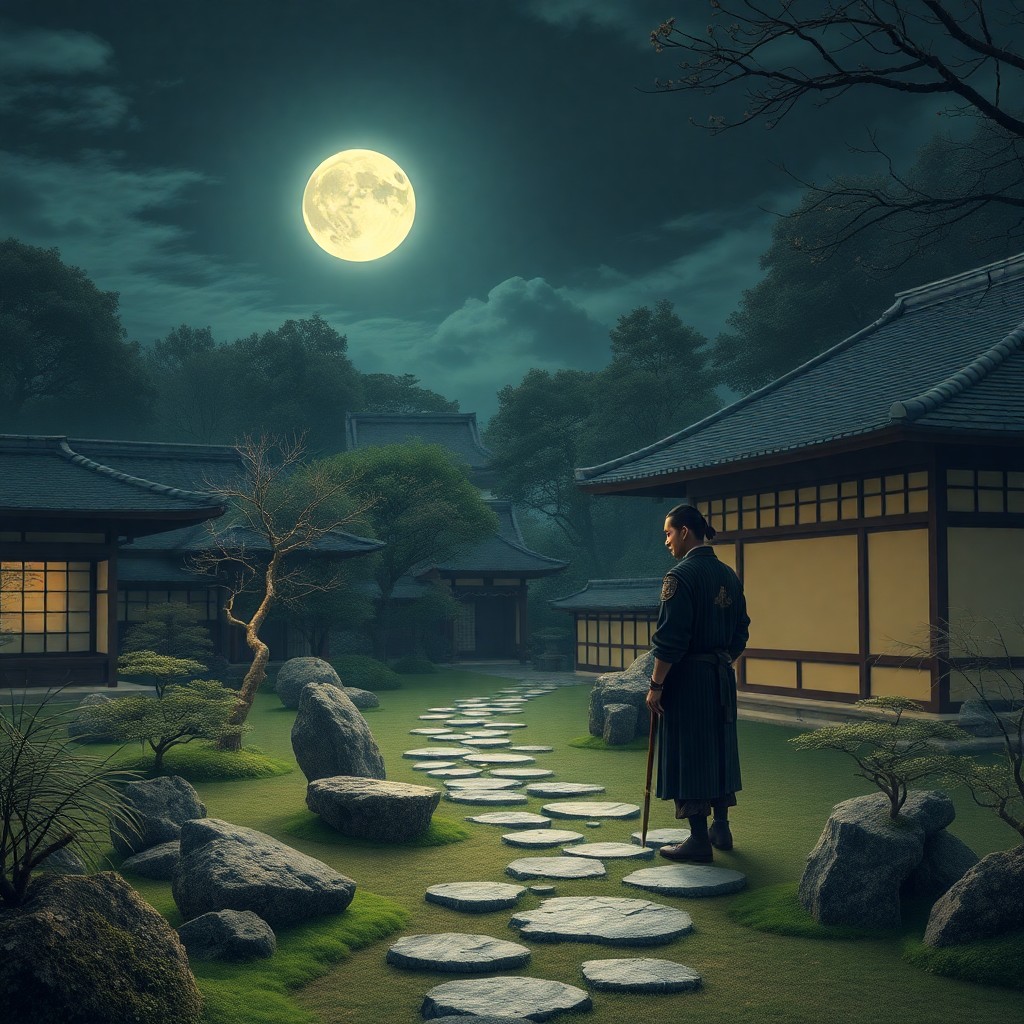 AI generated art for prompt: Imagine a tranquil Japanese zen garden under the soft glow of a full moon, blending traditional aest