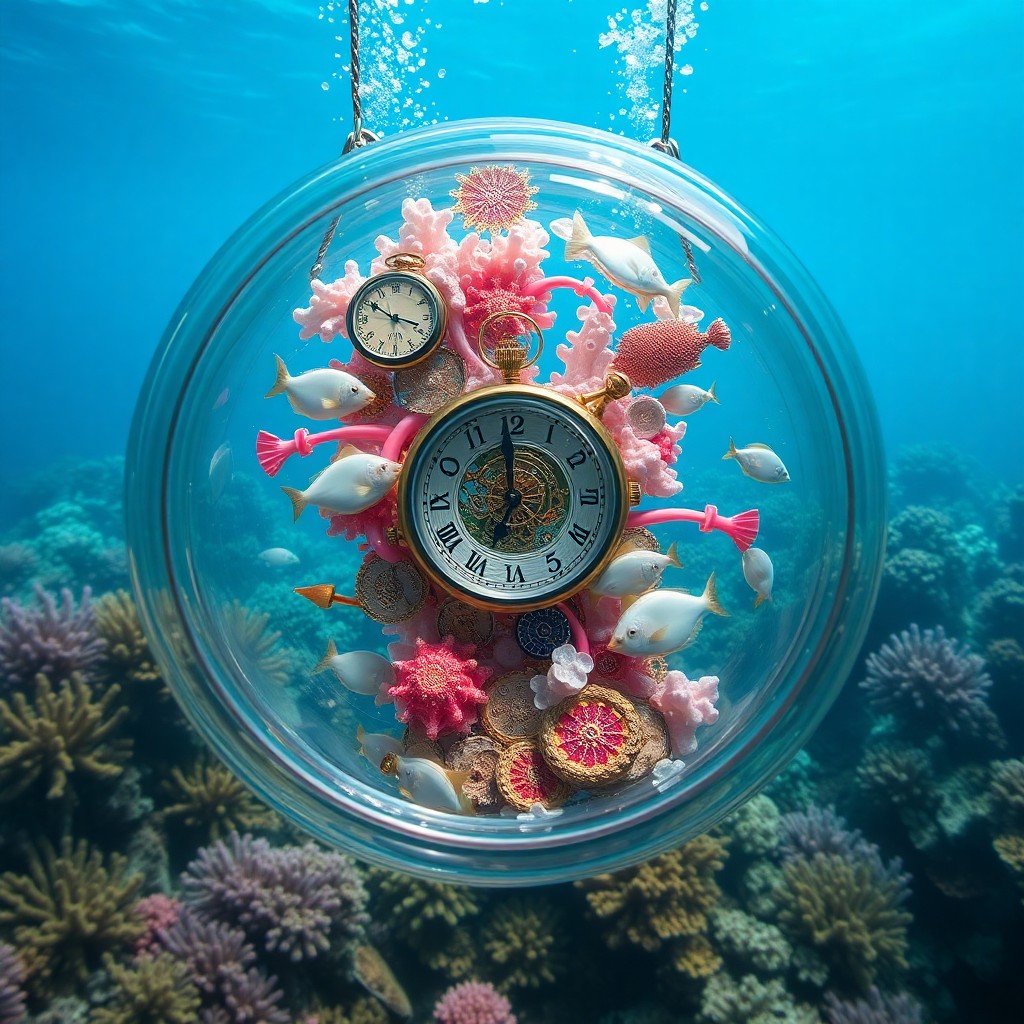 AI generated art for prompt: Envision an underwater scene that marries the surrealism of melting timepieces with the vibrant hues