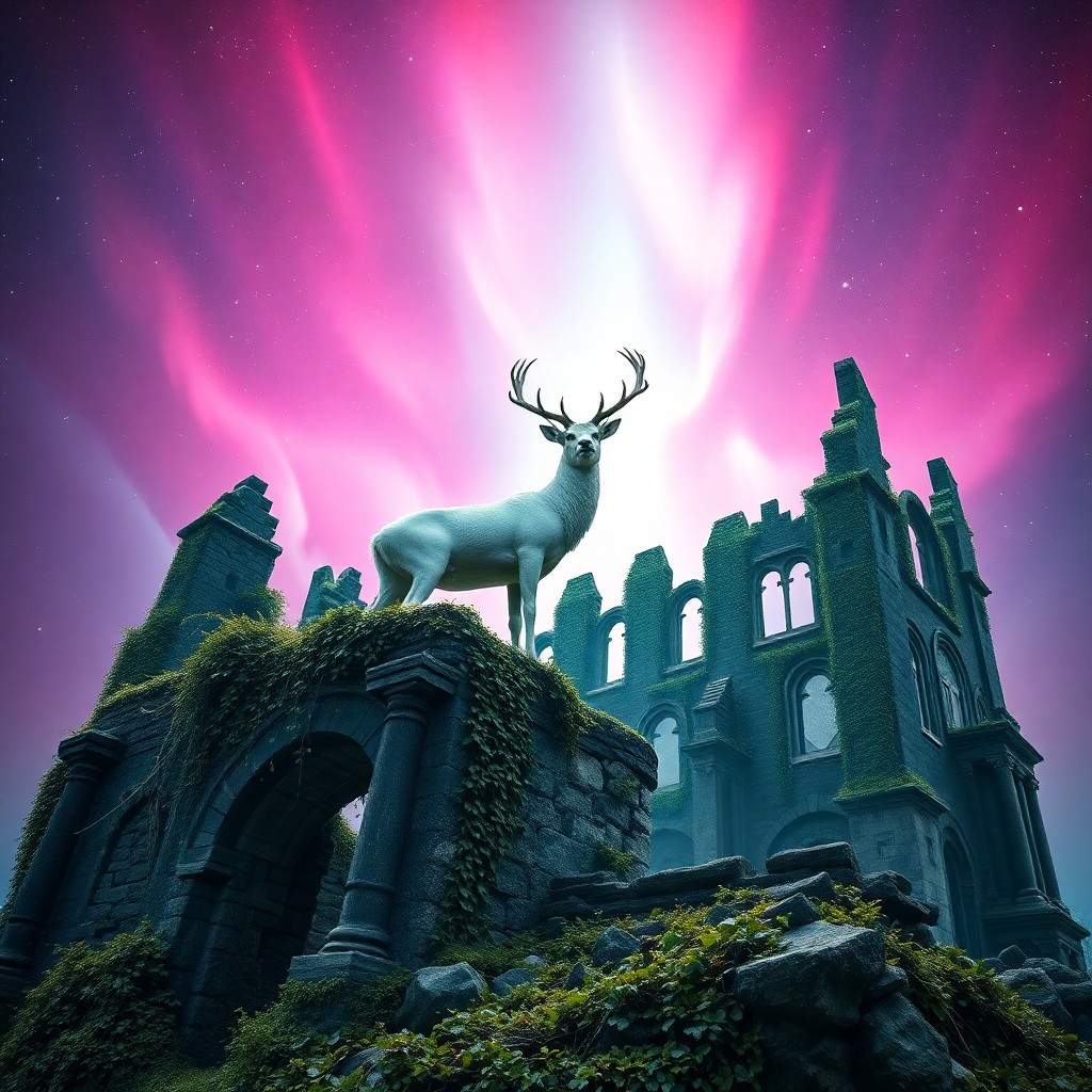 AI generated art for prompt: Craft an image embodying the surreal and dreamlike essence, capturing a majestic white stag standing