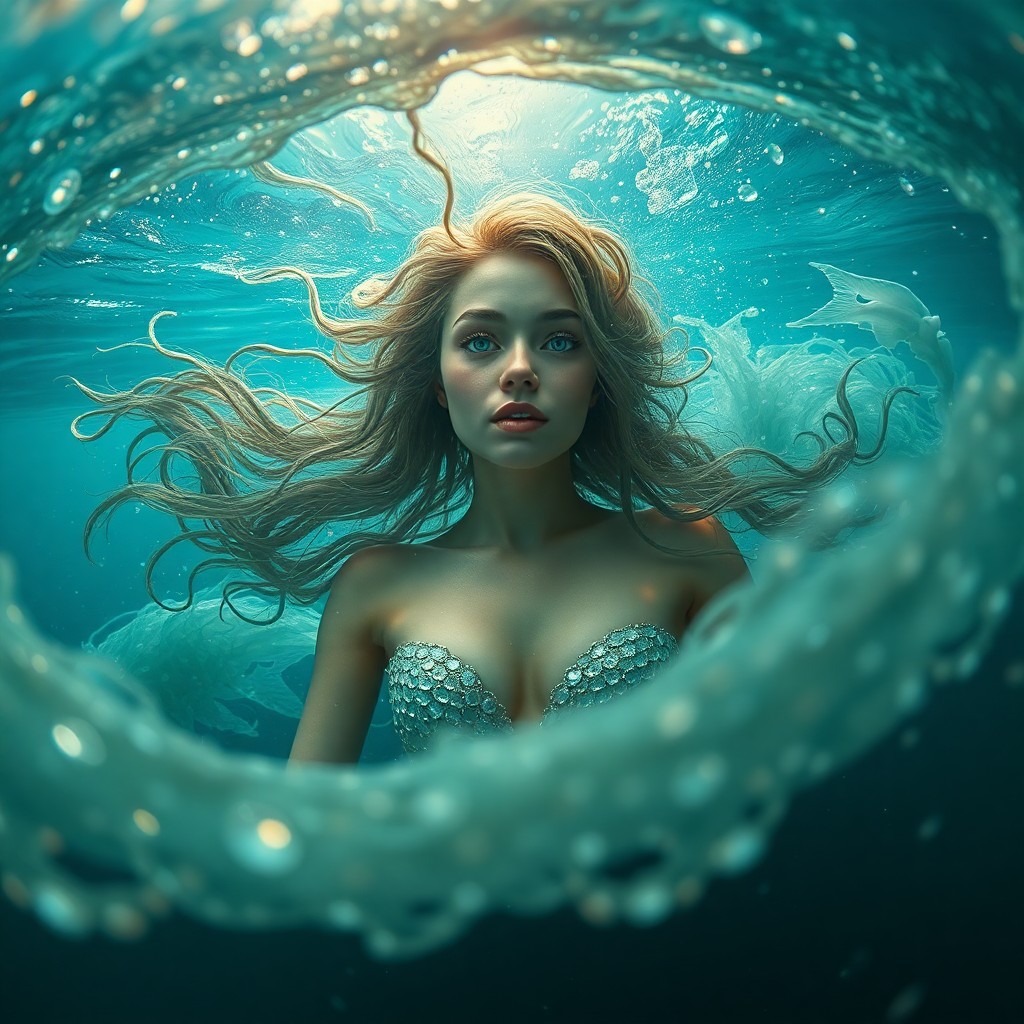 AI generated art for prompt: An alluring underwater portrait in an ethereal impressionistic style, this scene depicts a mesmerizi