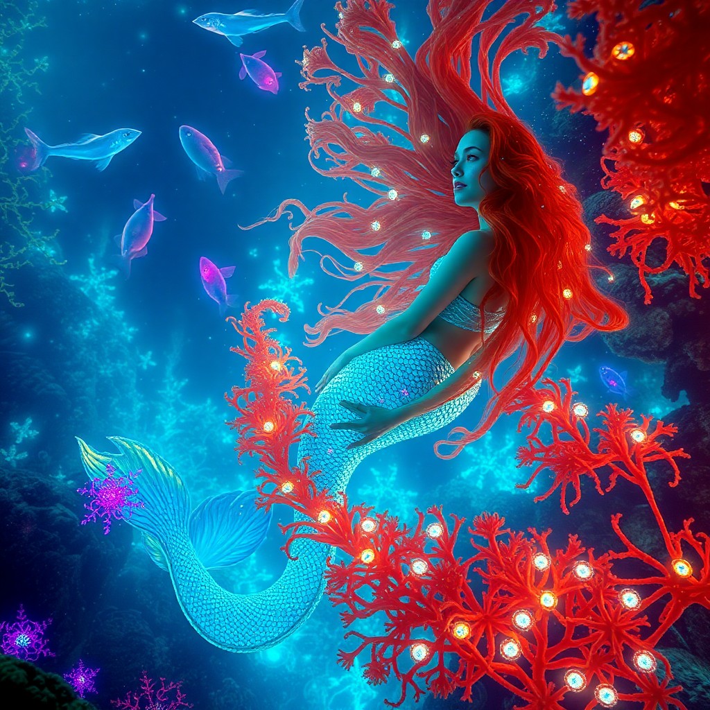 AI generated art for prompt: Imagine an enchanting underwater realm aglow with bioluminescent plant life and marine creatures, re