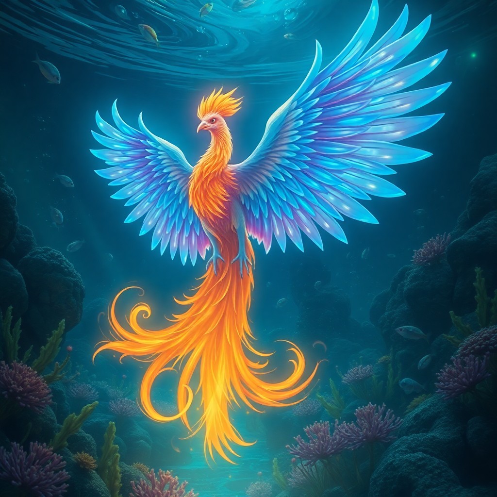 AI generated art for prompt: A majestic phoenix ascends from an enchanting, bioluminescent underwater realm, reminiscent of both 