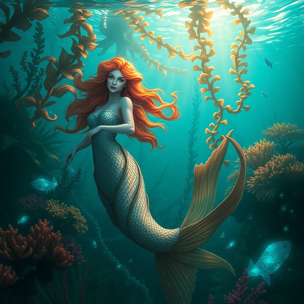 AI generated art for prompt: A captivating digital painting portrays an enchanting underwater realm where a regal mermaid with lu