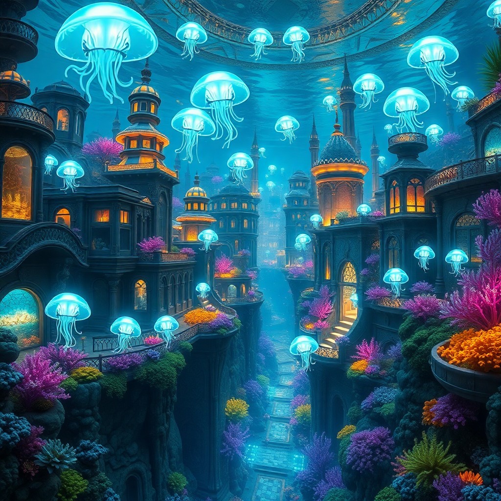 AI generated art for prompt: Imagine an enchanting underwater cityscape where bioluminescent creatures resembling jellyfish grace