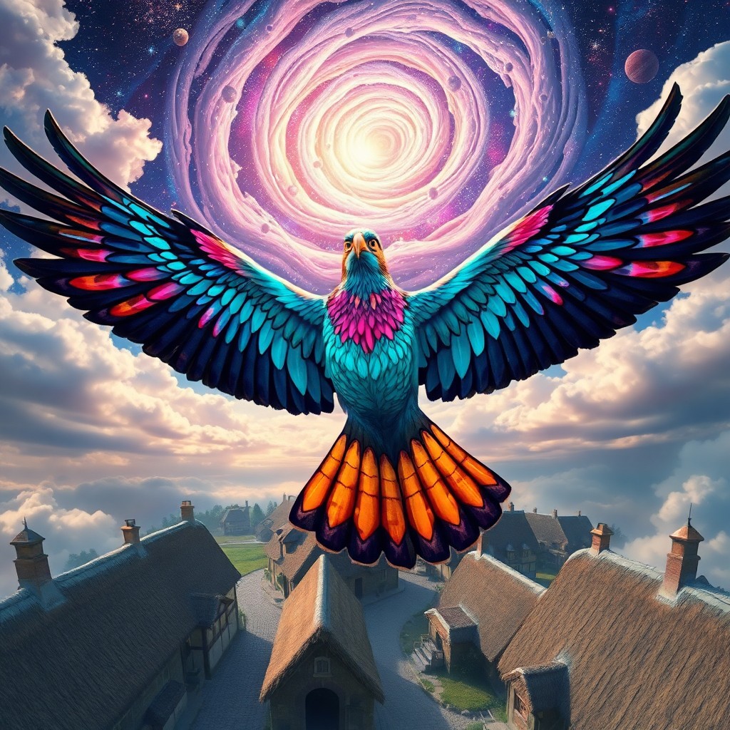 AI generated art for prompt: A whimsical surrealist portrait captures a majestic bird soaring through a dreamlike sky. From an ae