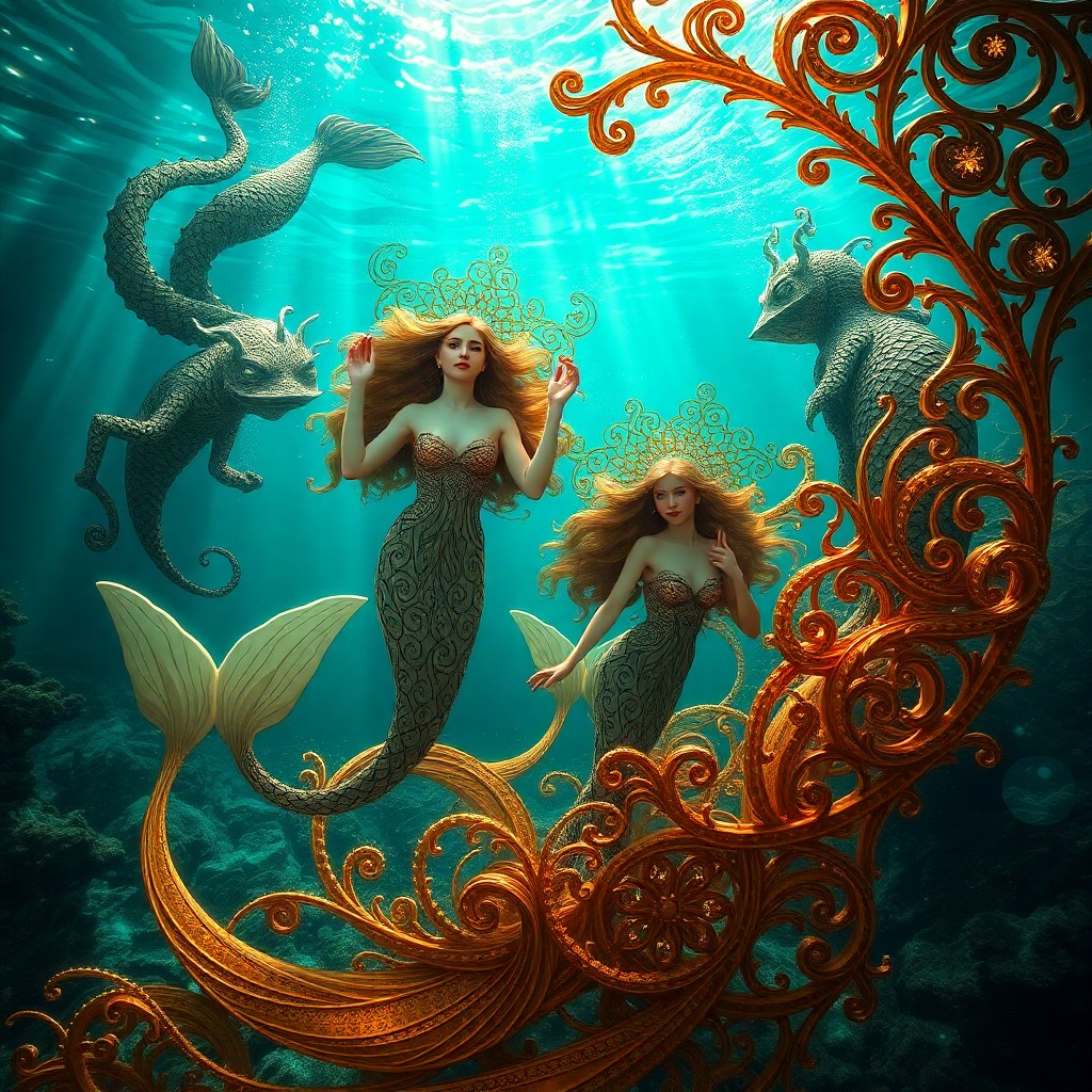 AI generated art for prompt: Craft an Art Nouveau-inspired image showcasing a surreal underwater realm where bewitching mermaids 