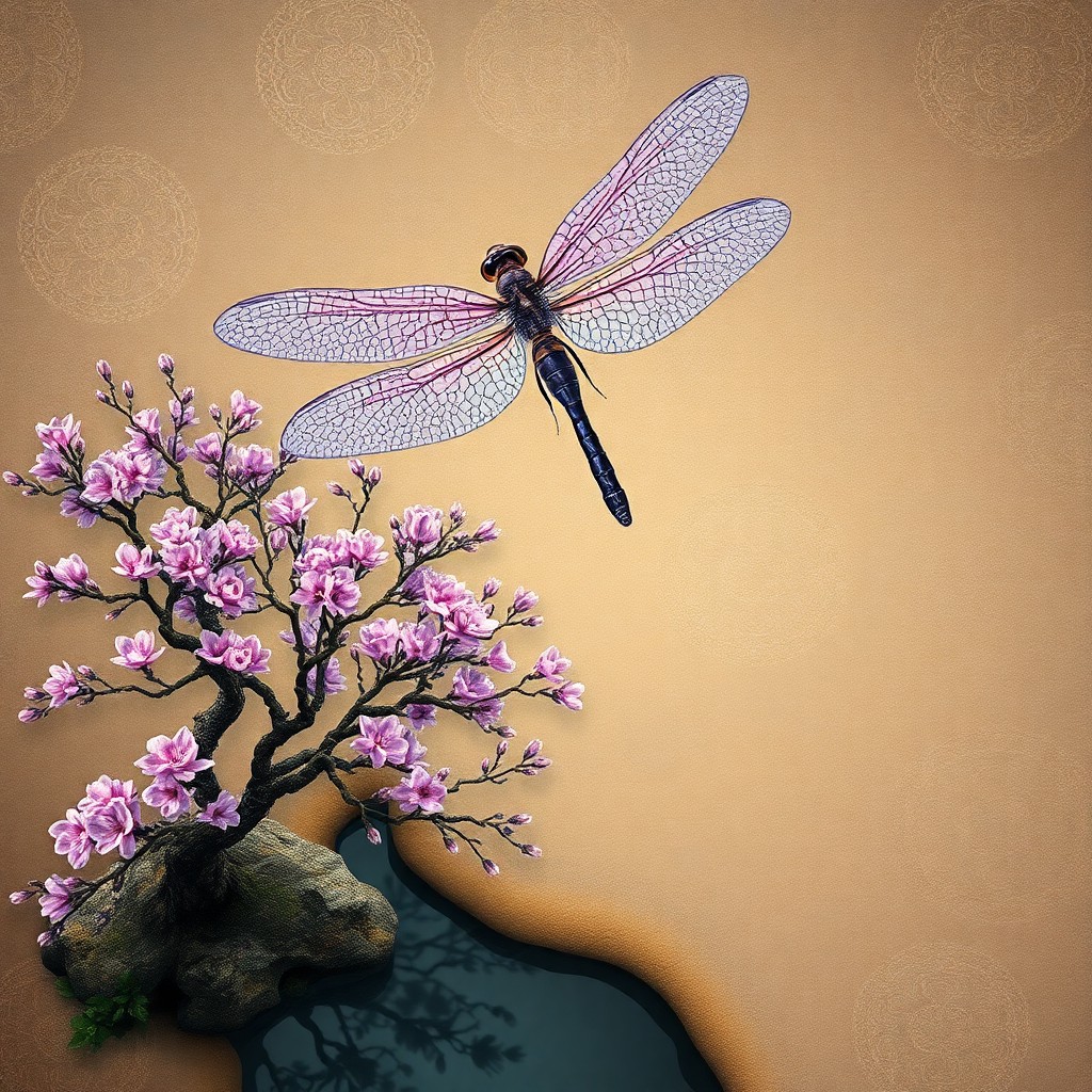 AI generated art for prompt: Visualize a dreamlike realm where a grand dragonfly, embellished with shimmering scales in shades of