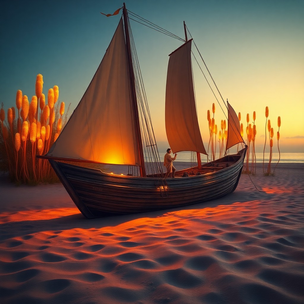 AI generated art for prompt: Imagine an enchanting scene where an aged wooden vessel lies on a shore at dusk, flanked by tall, gl