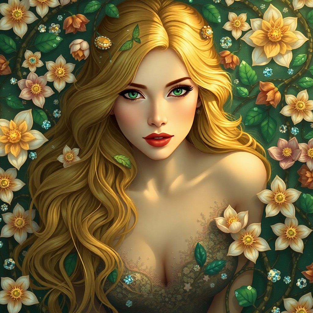 AI generated art for prompt: Craft an Art Nouveau-inspired image depicting a woman with cascading golden hair and captivating eme