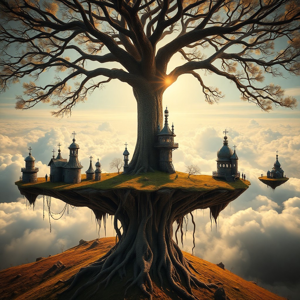 AI generated art for prompt: Imagine a surreal landscape where an inverted tree with its roots reaching skyward stands at the cen