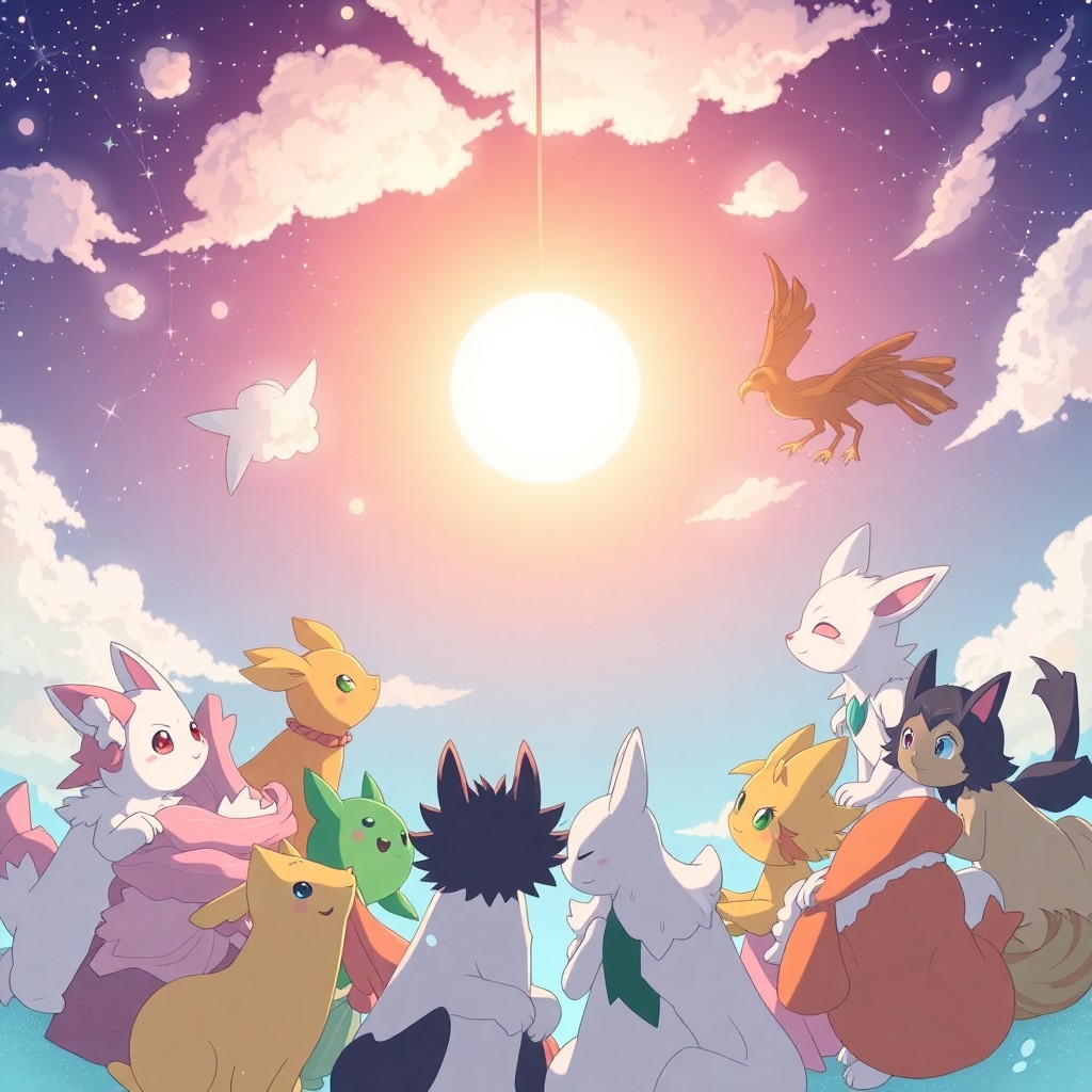 AI generated art for prompt: Craft an image in the spirited fusion of anime and digital art, portraying a magical gathering where