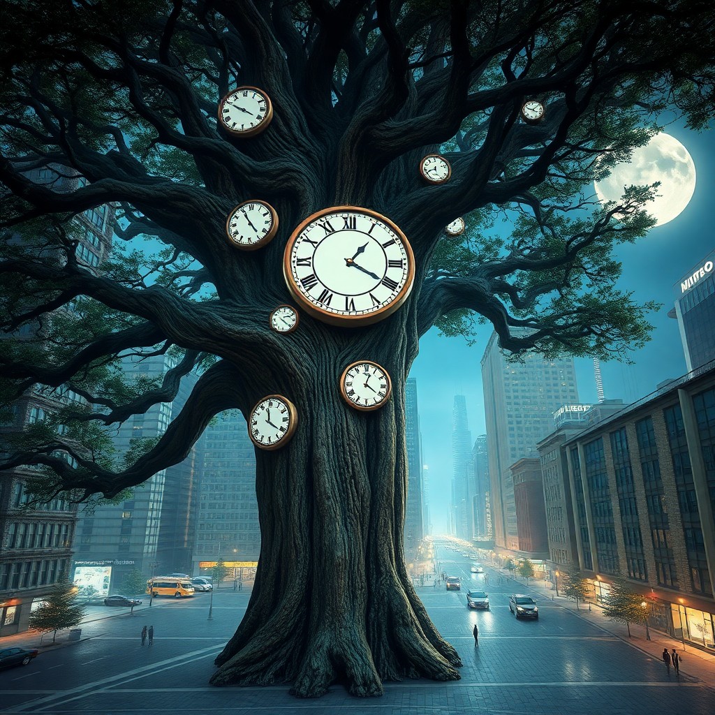 AI generated art for prompt: Imagine an otherworldly scene where an immense, age-old tree stands majestically in the heart of a m