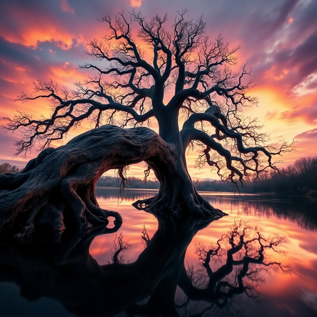AI generated art for prompt: A surreal landscape showcases an enchanting scene from a 'bug's-eye view', capturing the reflection 
