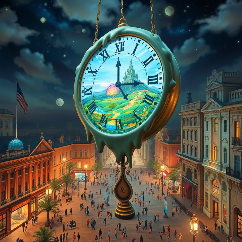 AI generated art for prompt: Create an enchanting night scene in a bustling city square, reminiscent of Salvador Dali's dreamlike