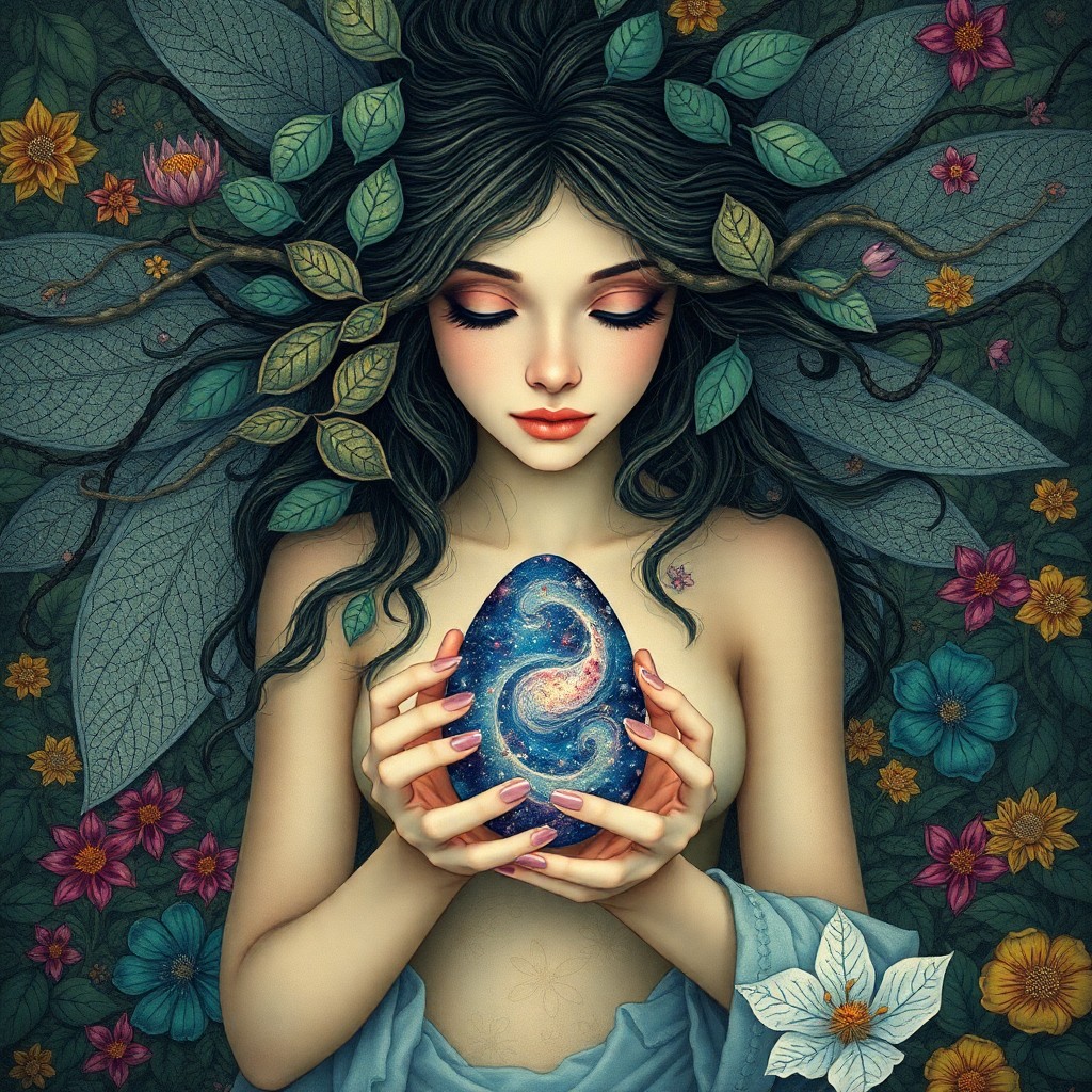AI generated art for prompt: An intricate portrait depicting a mystical nymph with flowing hair composed of translucent leaves an