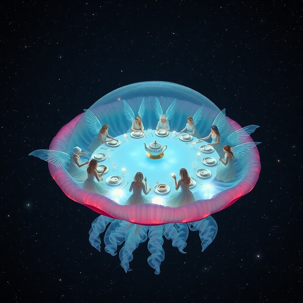 AI generated art for prompt: Imagine a surreal tea party set upon an enormous, iridescent jellyfish floating through the vastness