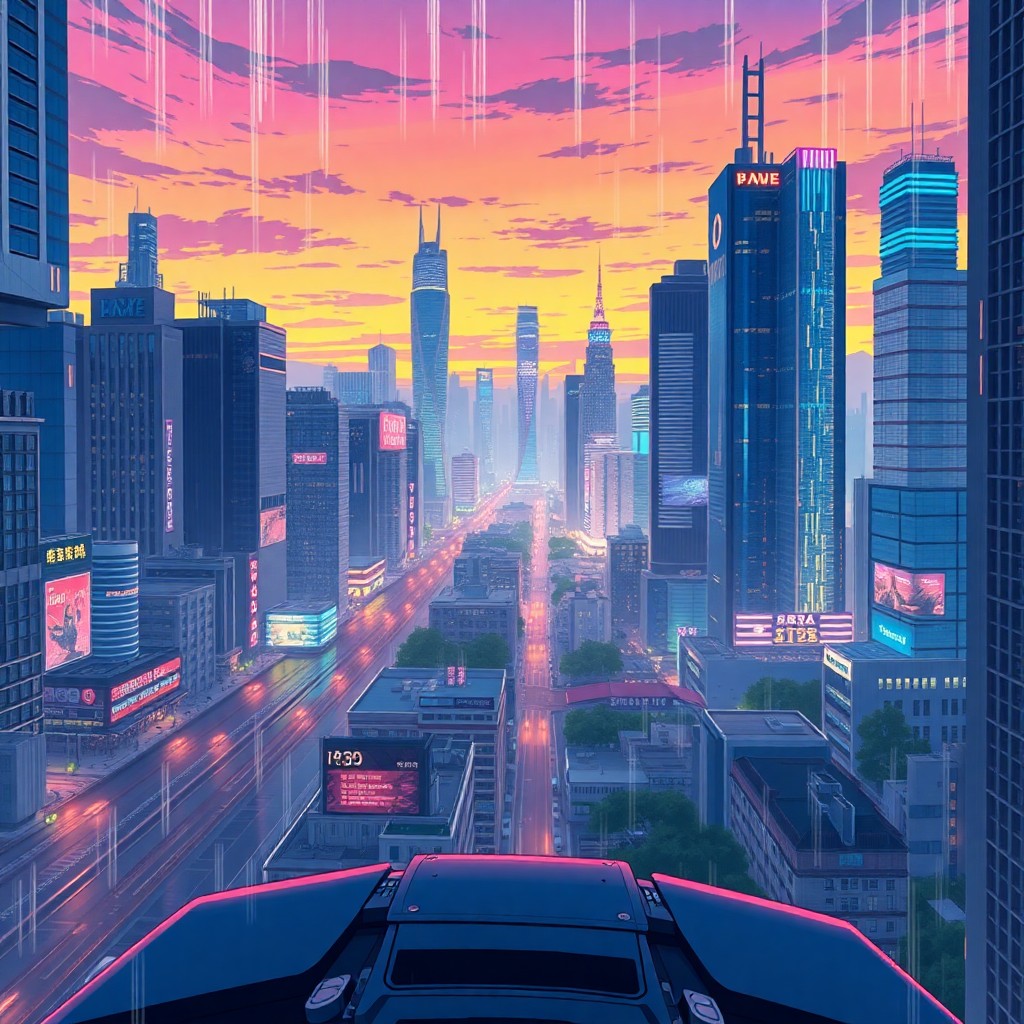 AI generated art for prompt: Visualize a futuristic cityscape at twilight, captured in the dynamic style of Japanese anime with i