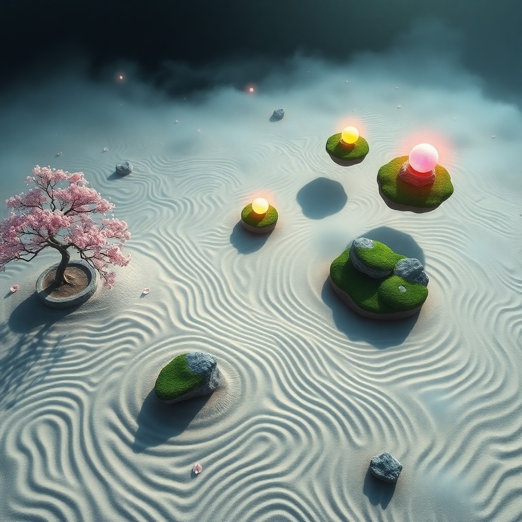 AI generated art for prompt: Imagine an enchanting digital art composition showcasing a serene zen garden from above, skillfully 
