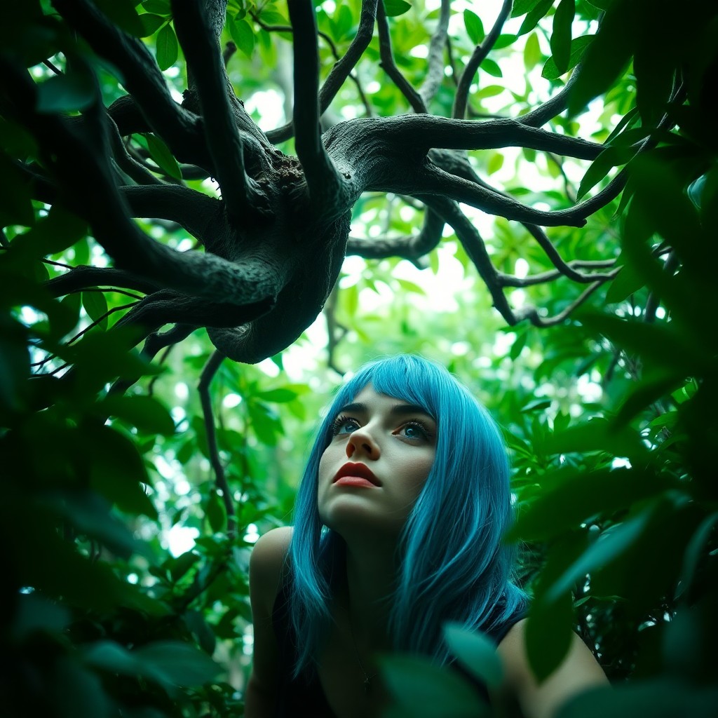 AI generated art for prompt: Craft an image in the surrealistic vein, portraying a woman with striking blue hair positioned under