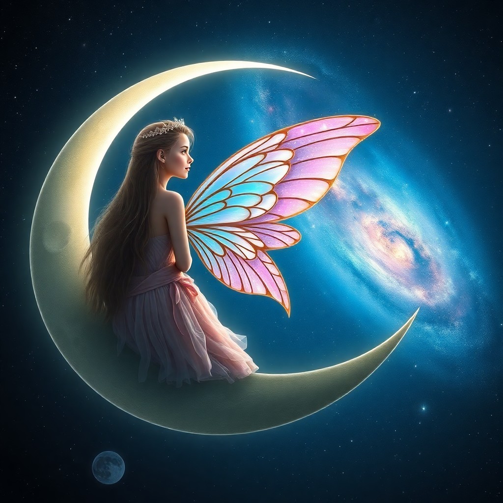 AI generated art for prompt: An enchanting digital art portrait captures an ethereal fairy perched on a crescent moon, her wings 