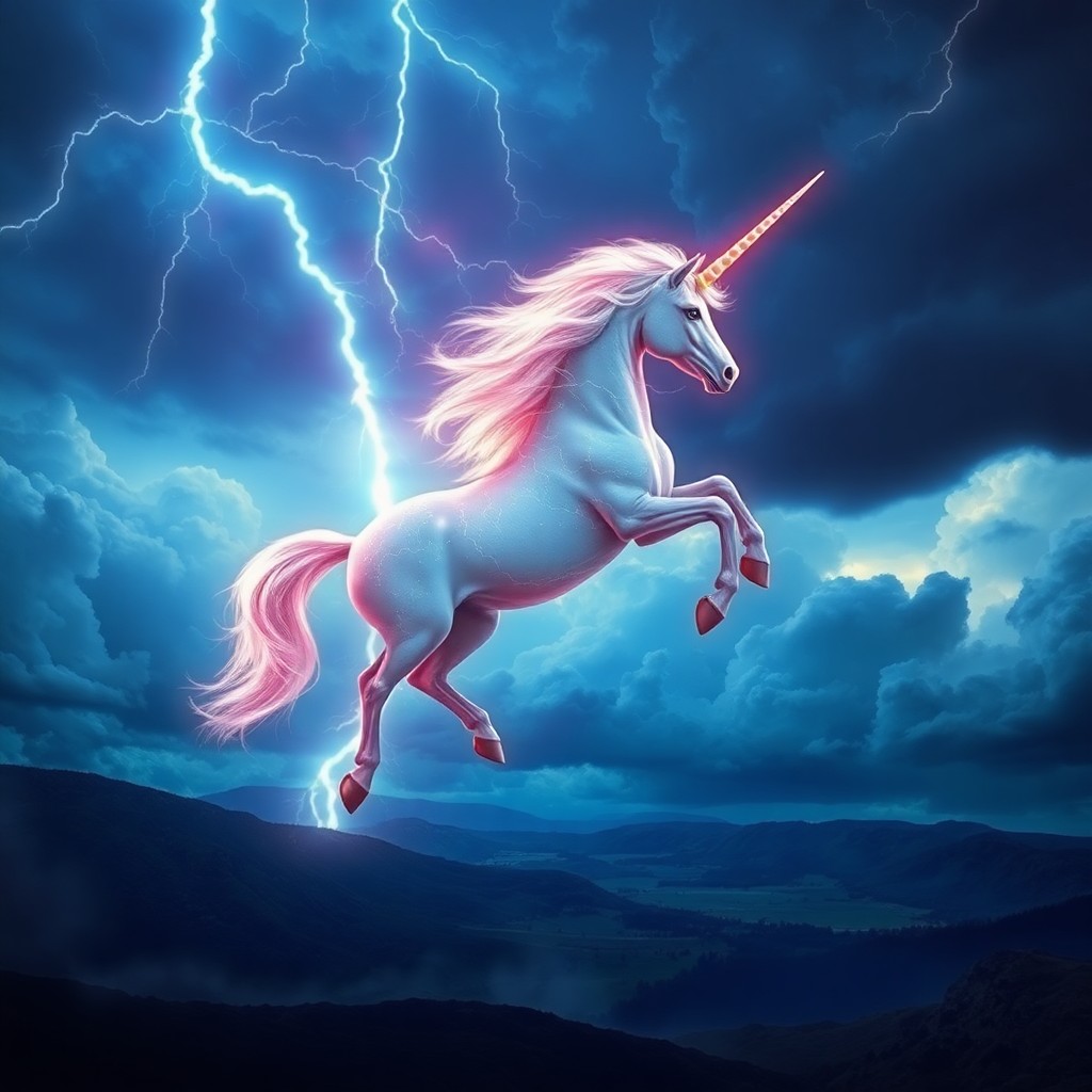 AI generated art for prompt: A mesmerizing digital art composition depicts a regal unicorn gracefully traversing a tempestuous sk