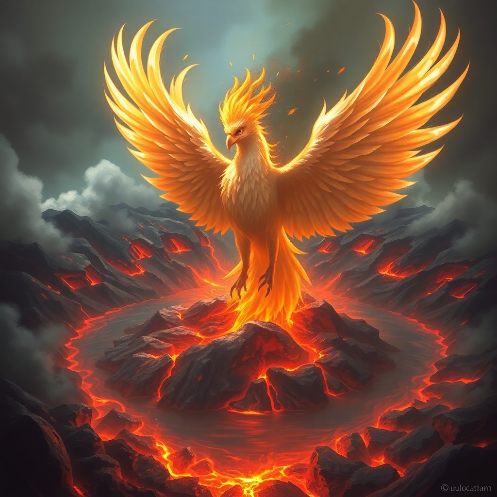 AI generated art for prompt: A digital painting depicts a phoenix with shimmering feathers emerging from a volcanic crater, as vi