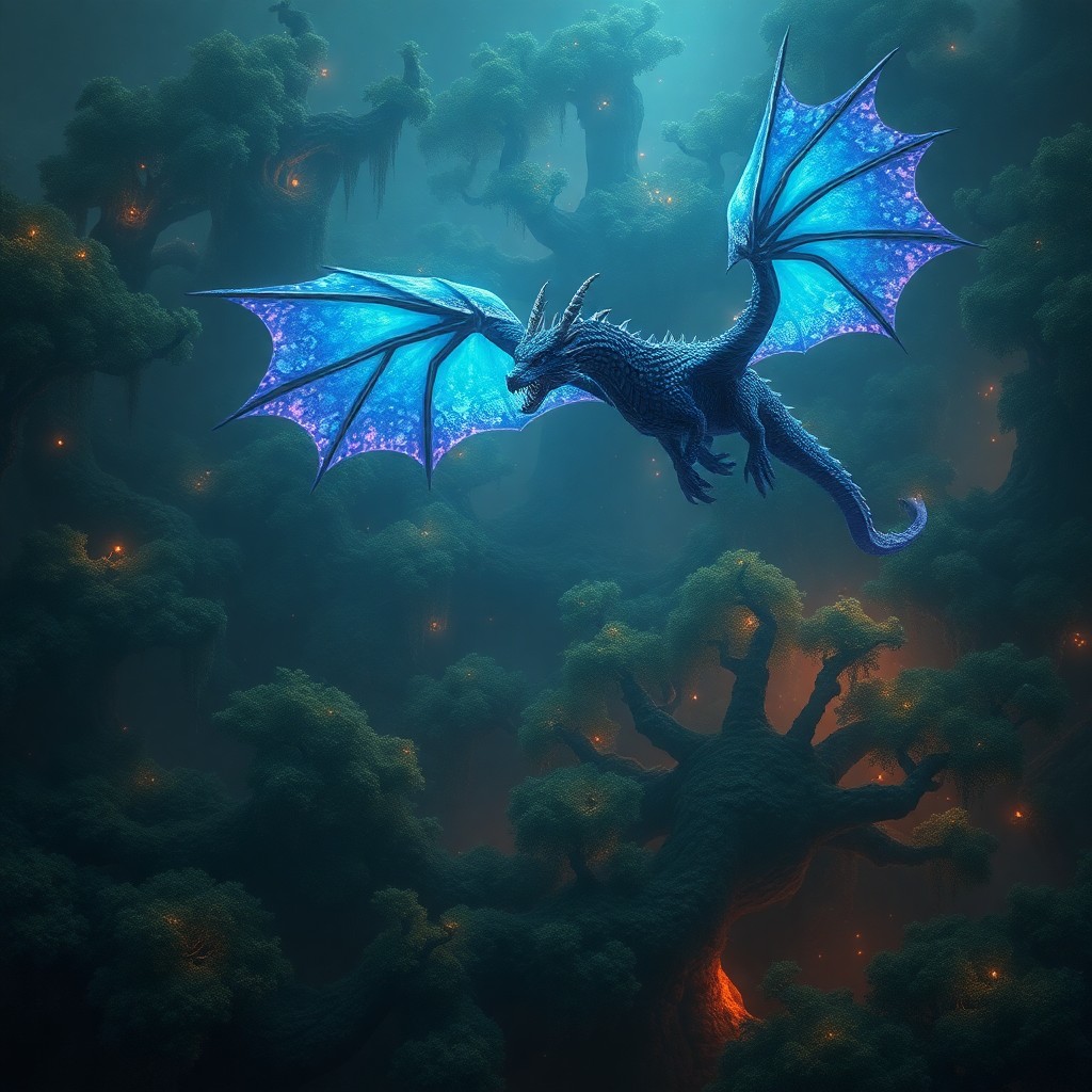 AI generated art for prompt: Imagine an enchanting digital artwork depicting a majestic dragon soaring above an ancient, enigmati