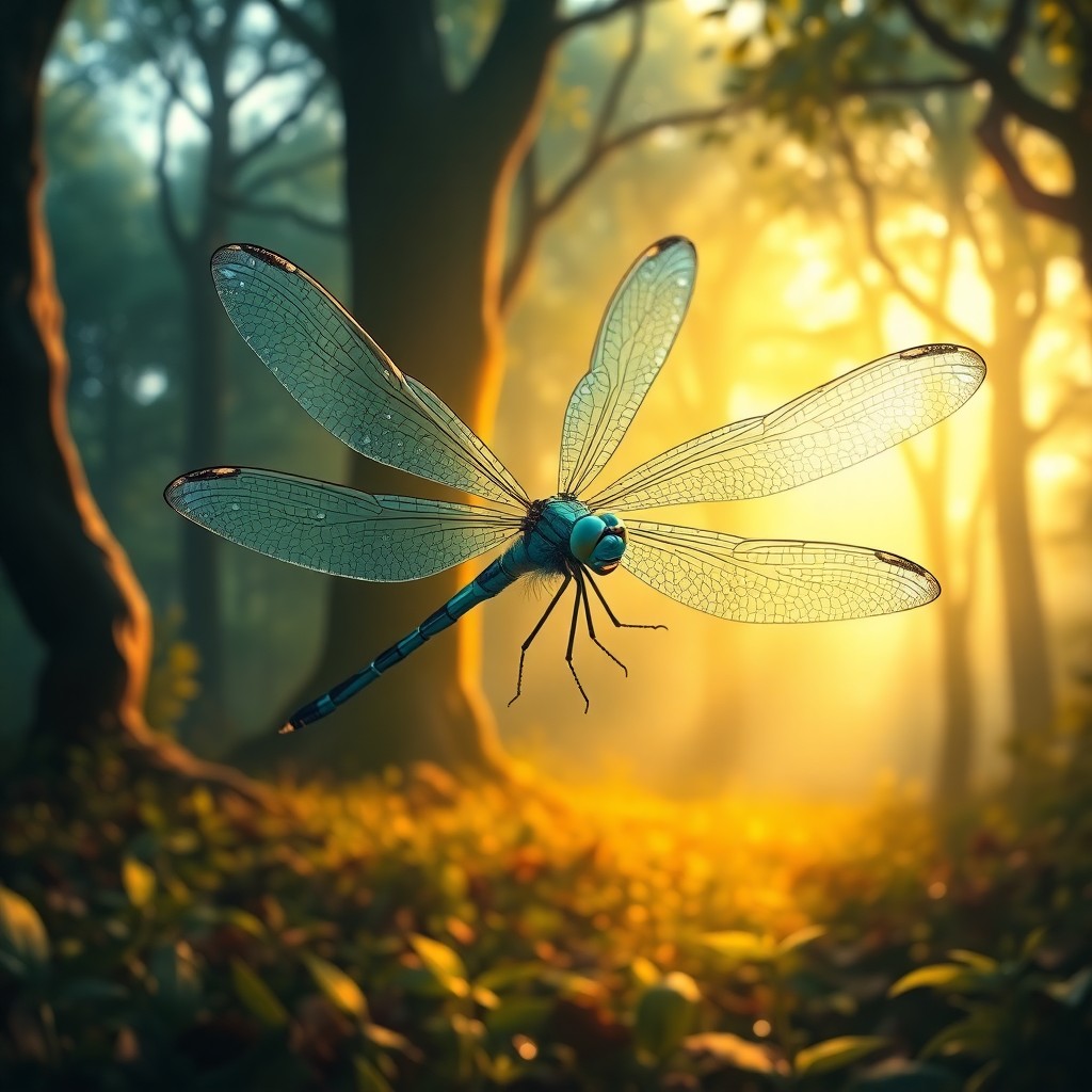 AI generated art for prompt: A majestic dragonfly with hues of iridescent blue and green emerges from an enchanting forest glade,