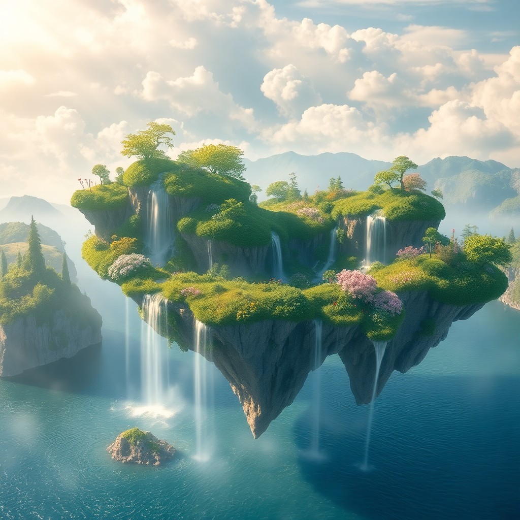 AI generated art for prompt: Craft an image reminiscent of a dreamy watercolor landscape, featuring surreal floating islands ador