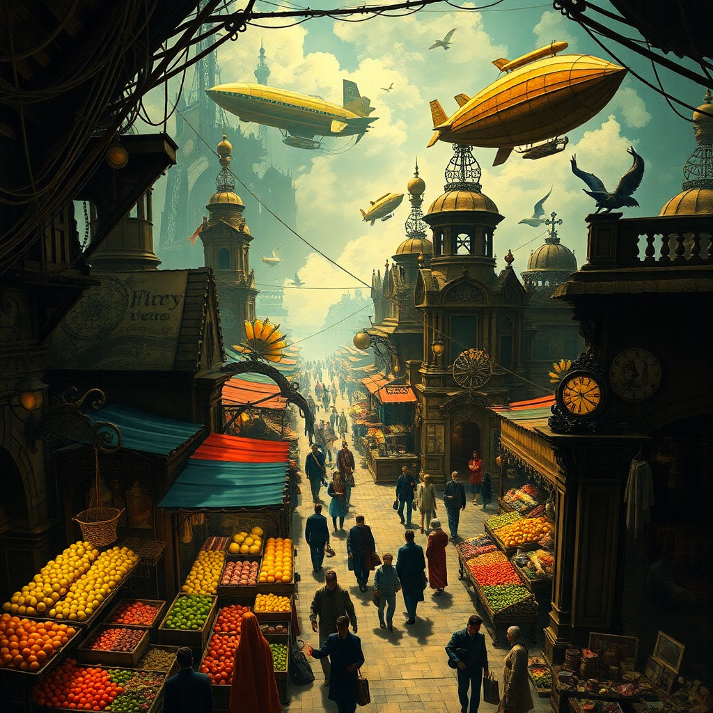 AI generated art for prompt: Craft an image reminiscent of a vintage travel poster, capturing a lively marketplace from an enigma