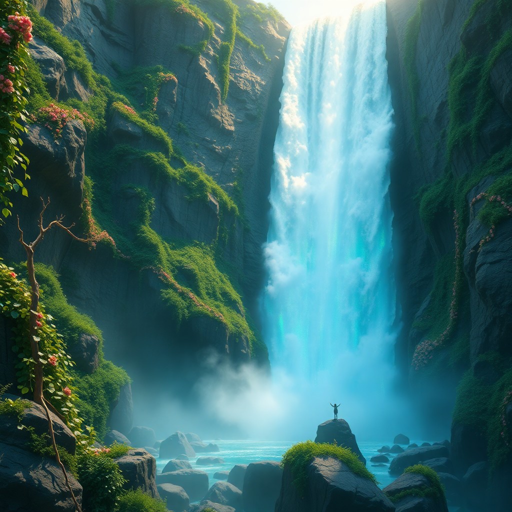 AI generated art for prompt: Imagine an enchanting digital landscape where a magnificent waterfall plunges from a colossal cliffs