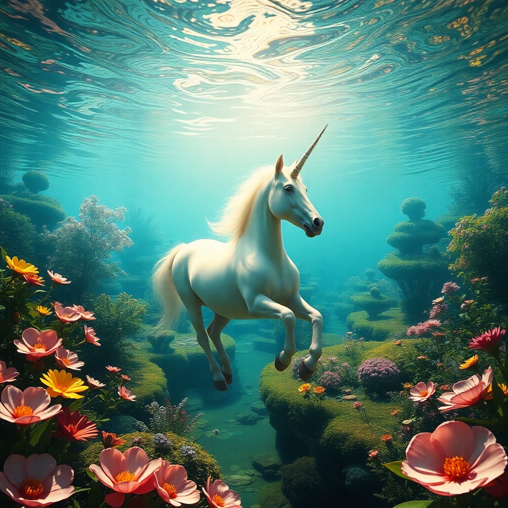 AI generated art for prompt: Craft an image reminiscent of surrealism, portraying an underwater view of a serene garden landscape