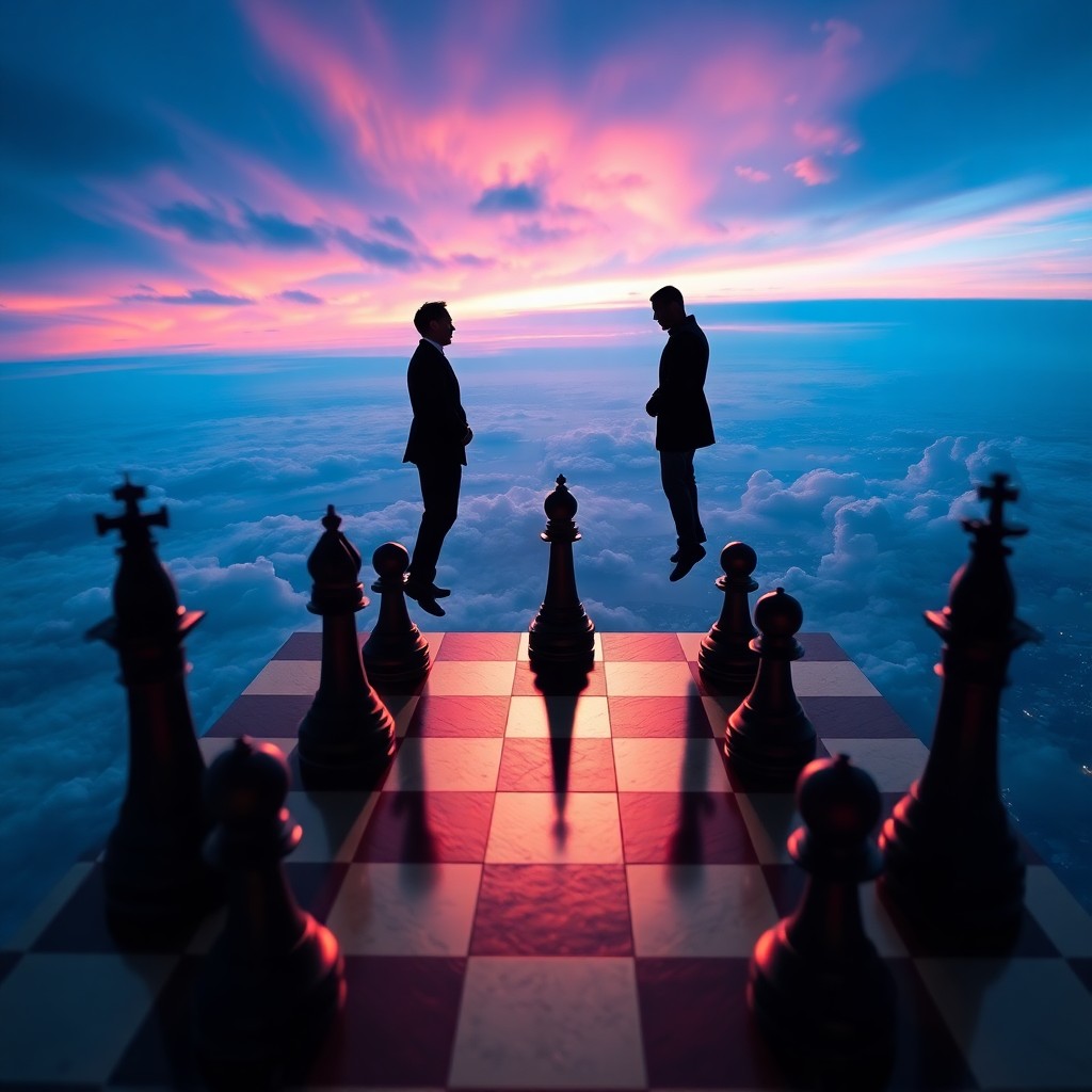 AI generated art for prompt: Depict an aerial view of a surreal chessboard set against a mesmerizing backdrop, where the sky seem