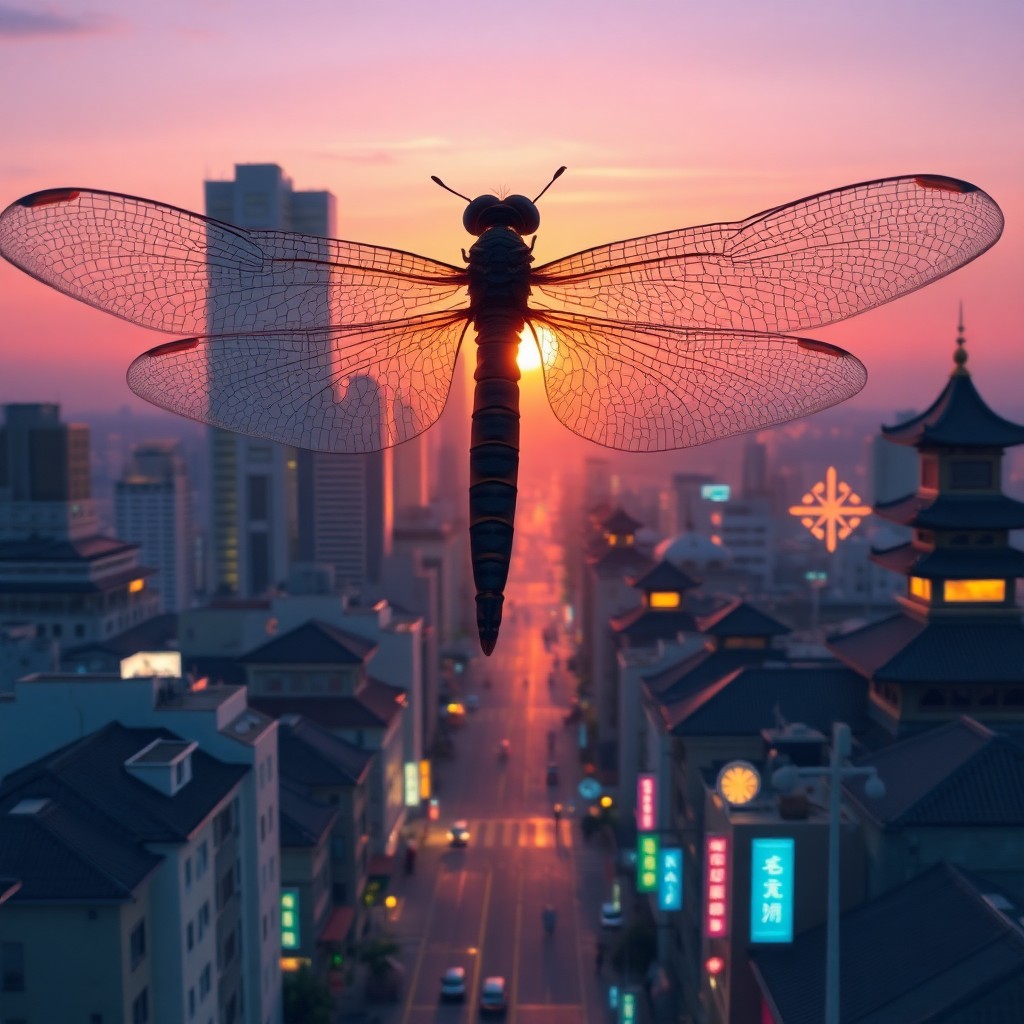 AI generated art for prompt: A surreal digital painting depicting an urban landscape from the viewpoint of a hovering dragonfly. 