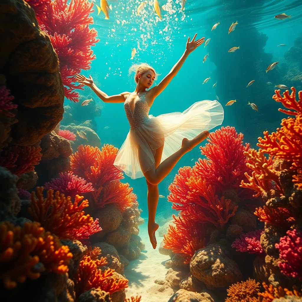 AI generated art for prompt: A hyper-realistic digital artwork depicting an underwater ballet, with an exquisite dancer adorned i