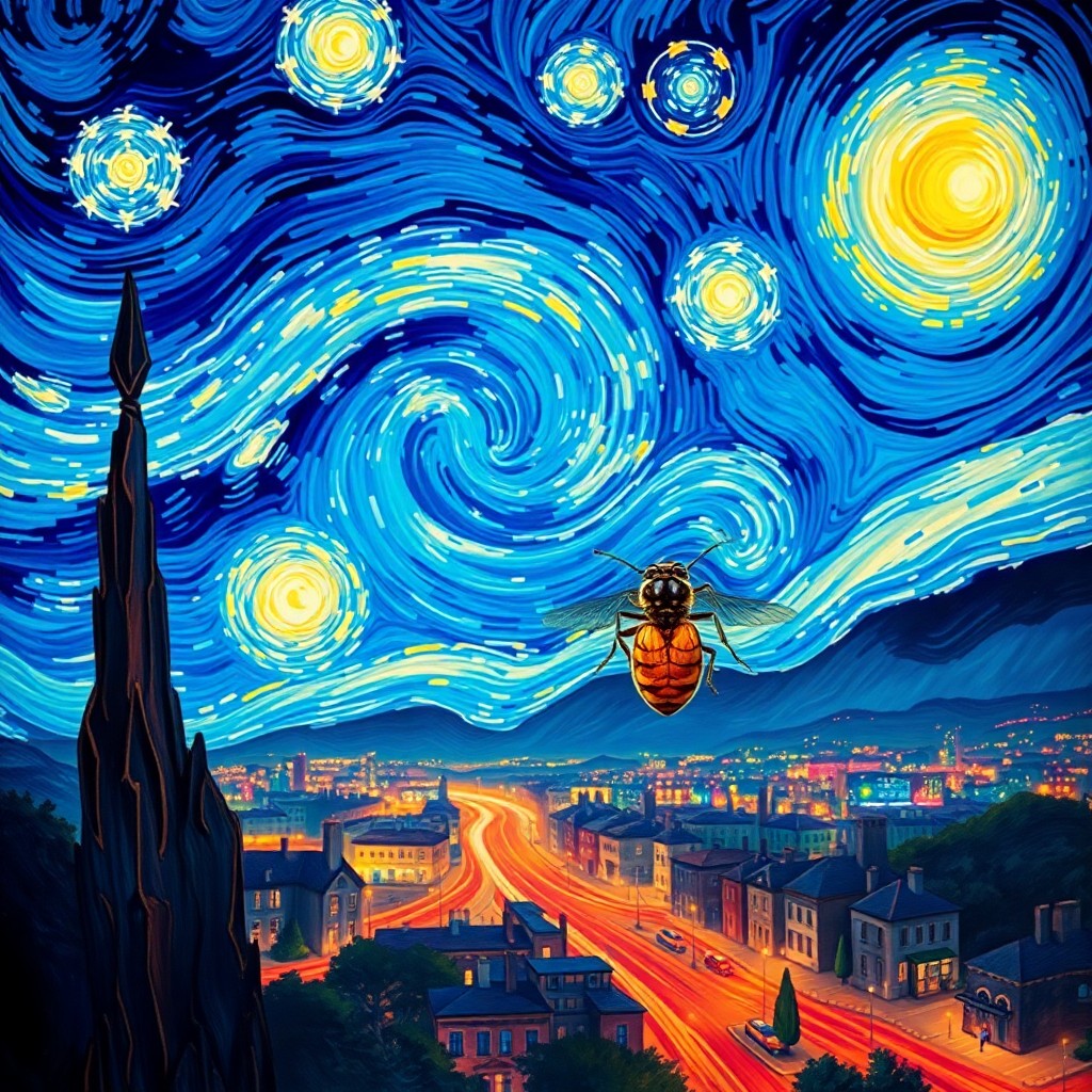 AI generated art for prompt: Craft an image that embodies the dynamic energy of Vincent van Gogh's Starry Night through swirling,