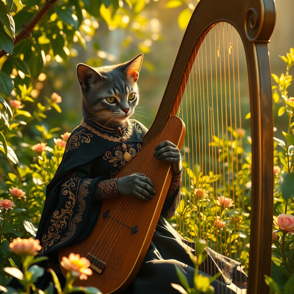 AI generated art for prompt: Imagine an anthropomorphic feline musician gracefully strumming a harp in a style reminiscent of Ren