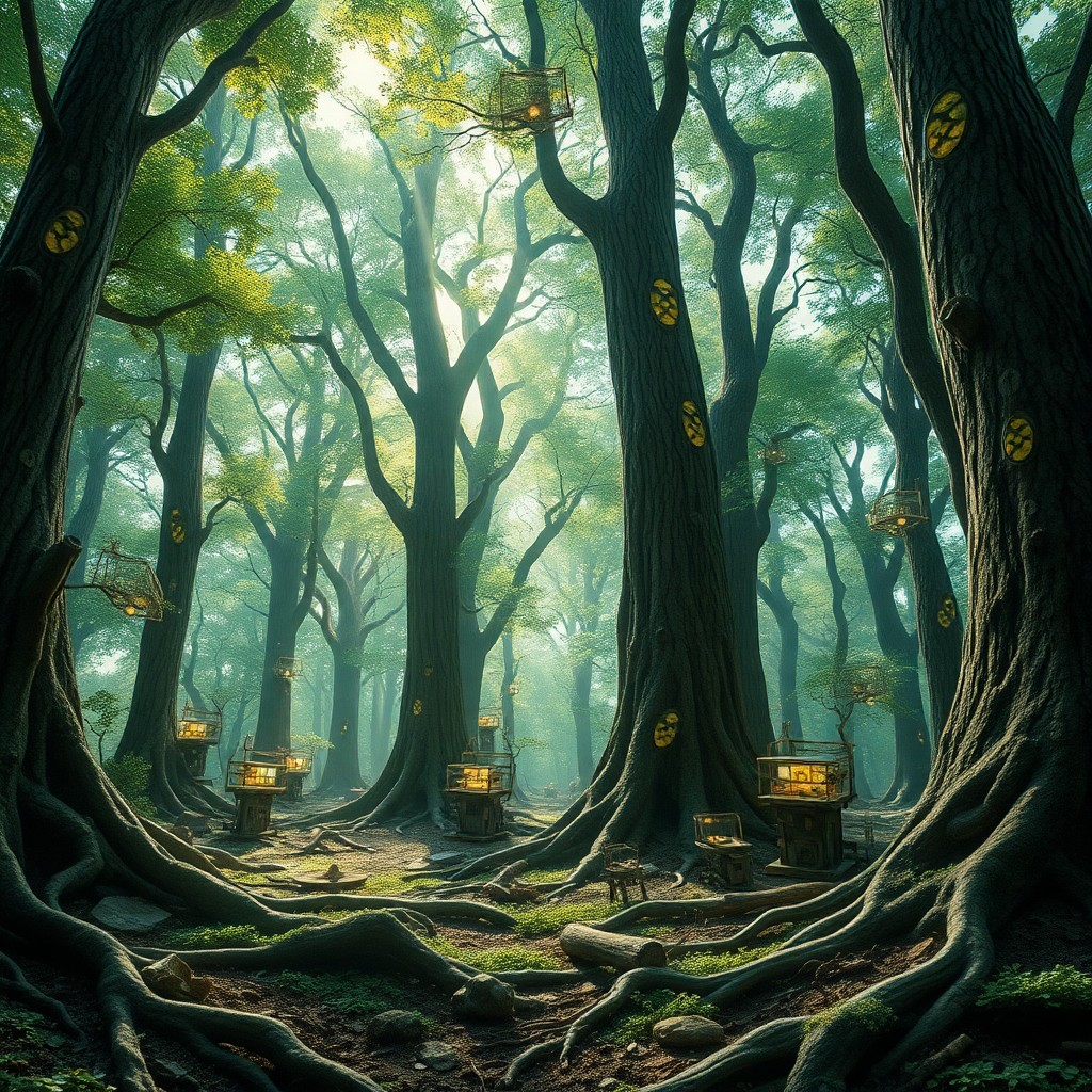 AI generated art for prompt: Craft an image reminiscent of surreal dreamscapes, depicting a forest floor from a peculiar vantage 